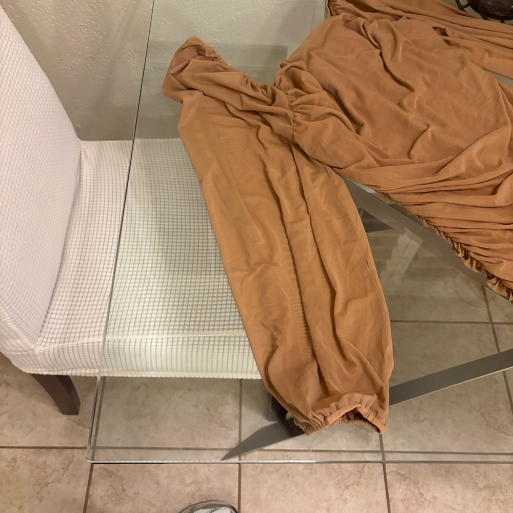 Elegant Tan Ruched Dress - Picture 8 of 10